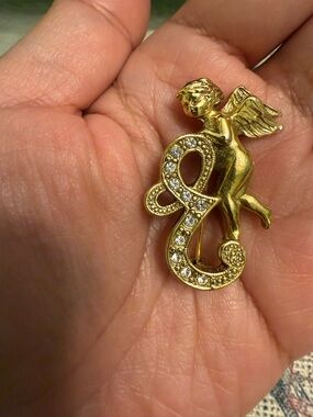 Gold Angel Ribbon E Brooch with Crystal Accents - Women Jewelry